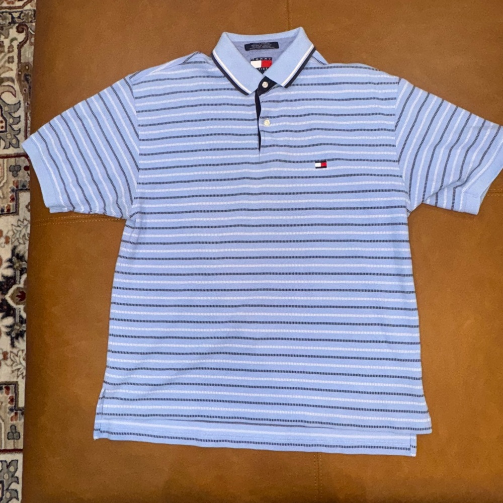 Tommy Hilfiger Light Blue and White Striped Polo